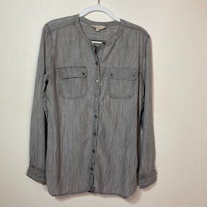 Loft Linen Blend Gray Banded Collar Long Sleeve Button Down Blouse Size Large